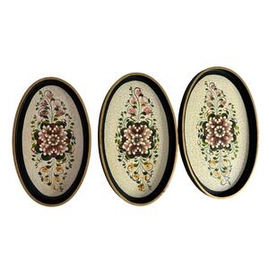 Vintage Floral Hand Painted Nesting Trays Set of 3 Oval Black Gold Crackle Folk